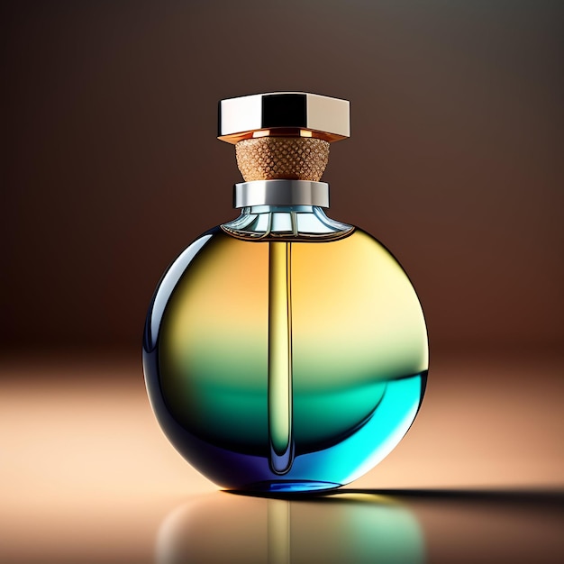 A bottle of perfume with a gold cap and a blue label.