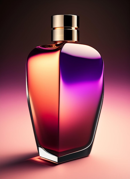 A bottle of perfume with a purple and orange background