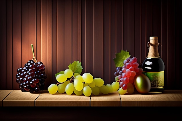 A bottle of wine and grapes on a table