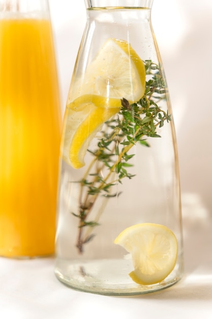 Free photo bottle with water, lemon and plant