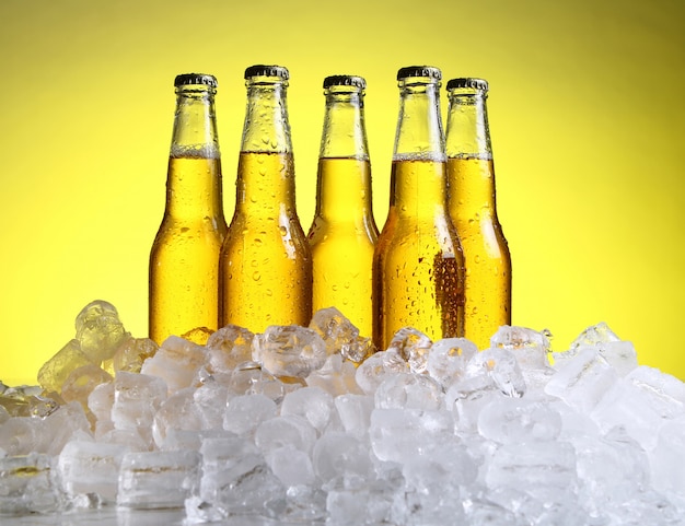 Bottles of cold and fresh beer with ice