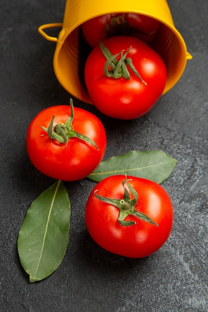 Free photo bottom view bucket with red tomatoes on dark background