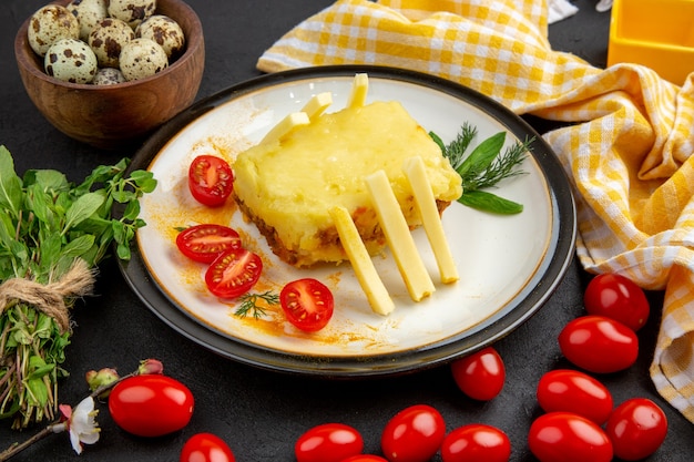 Free Photo bottom view cheese sandwich on plate yellow and white checkered kitchen towel mint bunch cherry on dark background