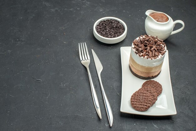 Bottom view chocolate cake and biscuits on white rectangular plate bowl with chocolate fork