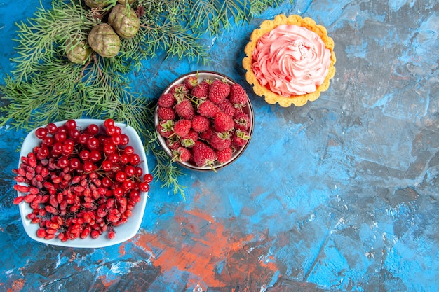 Bottom view fresh raspberries currants and barberries in bowls pine tree branch small tart on blue table free space