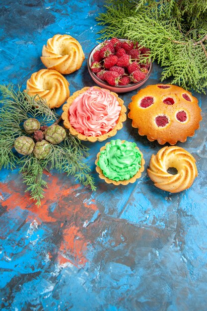 Bottom view raspberry cake small tarts biscuits bowl with raspberries on blue table free space