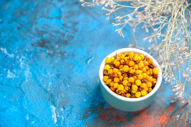 Bottom view sea buckthorn in bowl on blue table free space