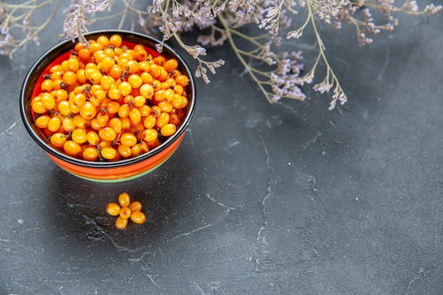 Bottom view sea buckthorn in bowl dried flower branch on dark red surface free place