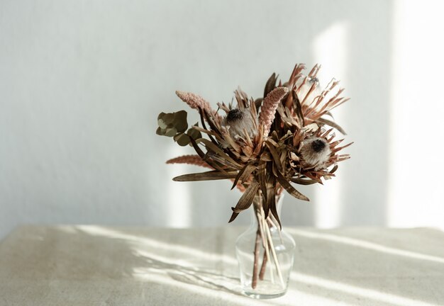 A bouquet of dried flowers in a glass vase on a light background with sunlight.