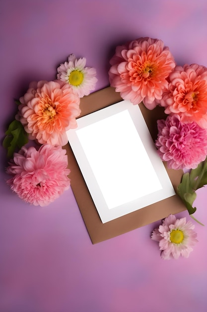 Free photo a bouquet of flowers and an empty card for mother's day on a pinkish background