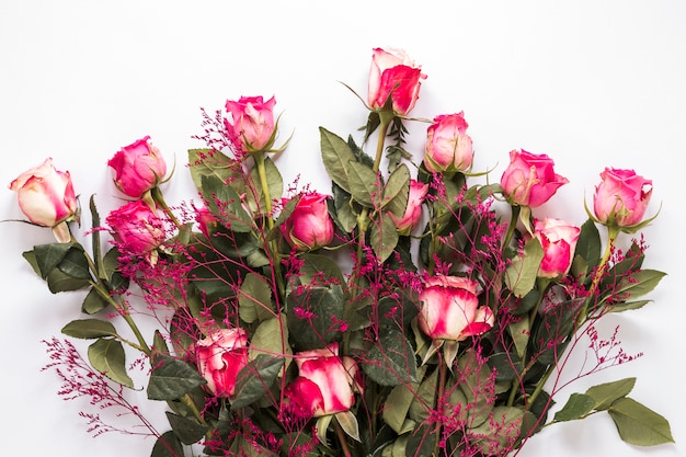 Free photo bouquet of fresh roses with green leaves and decorative plant