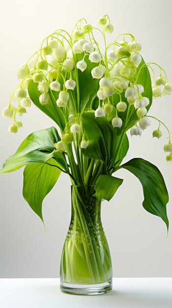 Free Photo bouquet of lilies of the valley in vase on delicate beige background vertical banner holiday card