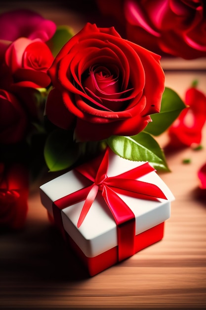 A bouquet of roses and a white box with a red ribbon is on a wooden table.