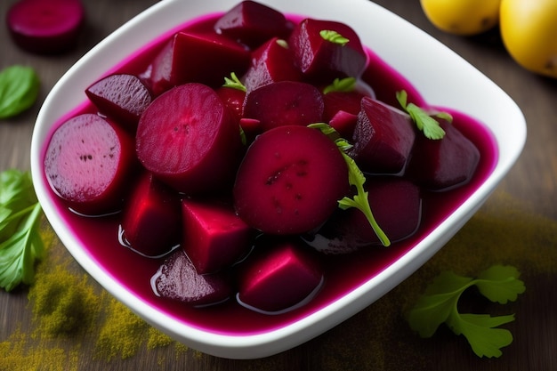 Free Photo a bowl of beets with a lemon on the side