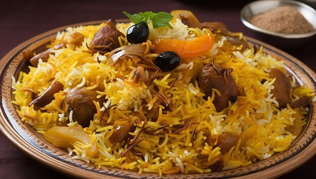 Free Photo a bowl of biryani with a spoon and a bowl of food on it.