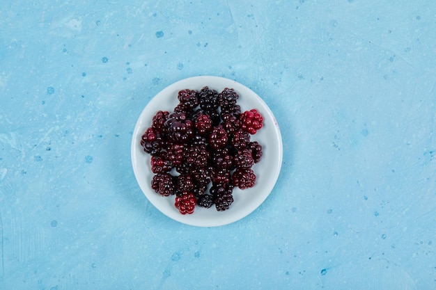 Free Photo a bowl of blackberries on blue.