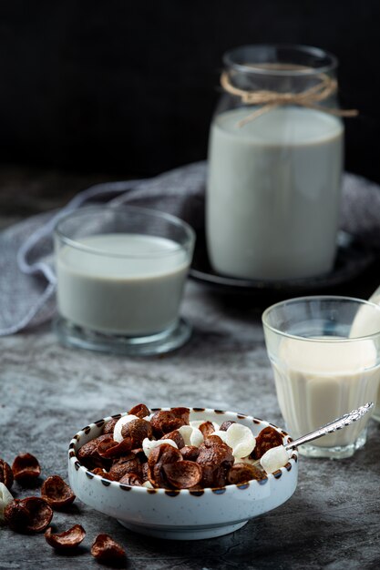 A bowl of cereal, chocolate-flavored cereal mixed with milk for breakfast.