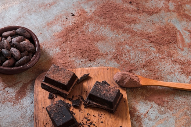 Bowl of cocoa beans and powder in spoon with chocolate pieces