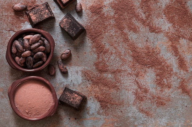 Bowl of cocoa powder and beans with chocolate pieces