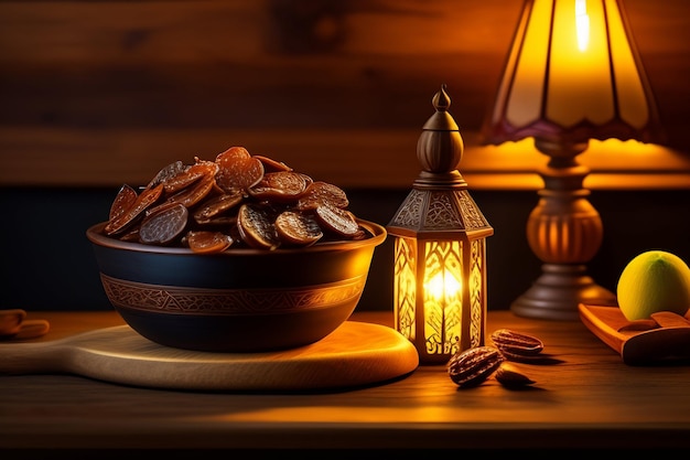 Free photo a bowl of coins sits next to a lamp that says'the secret '