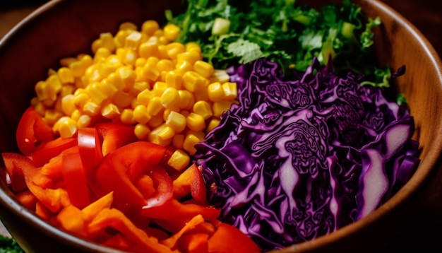 A bowl of colorful vegetables with the word salad on it