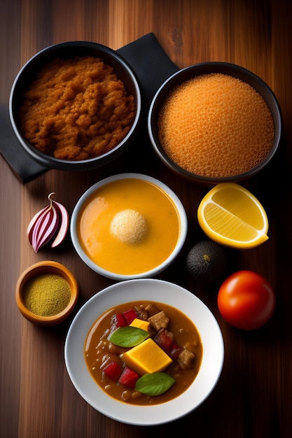 Free Photo a bowl of curry with a bowl of curry and other food.