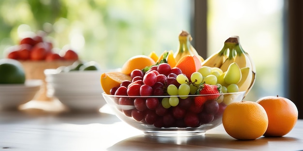 Free photo a bowl of fresh fruit in focus with a dining room in the back