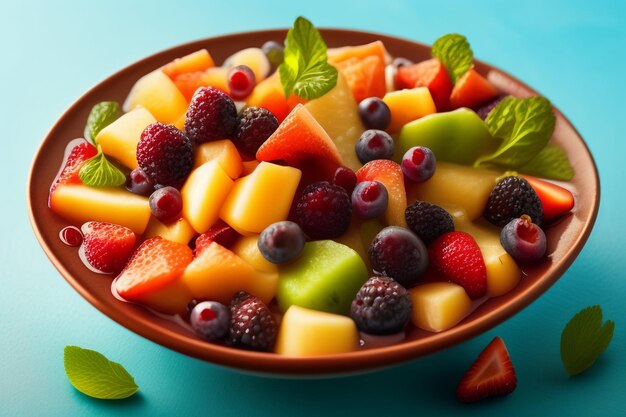 A bowl of fruit salad with mint leaves on the table.