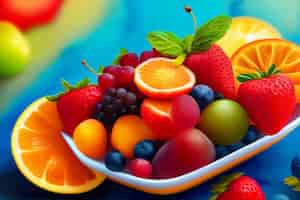 Free photo a bowl of fruit with a blue background and the word fruit on it