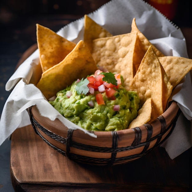 Free photo bowl of guacamole and nachos on wooden background