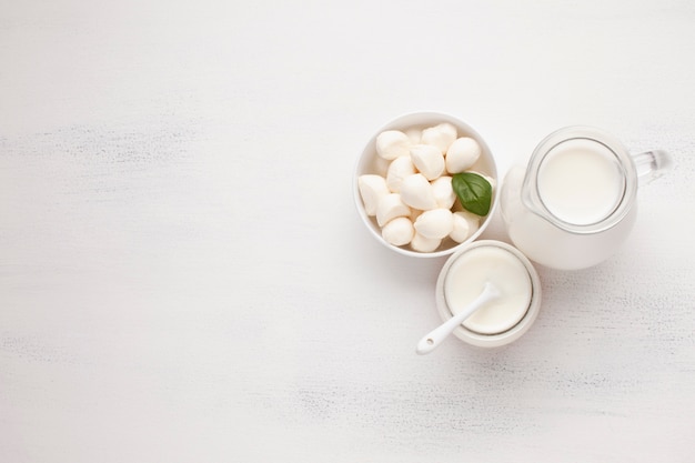 Bowl of mozzarella and jar of milk