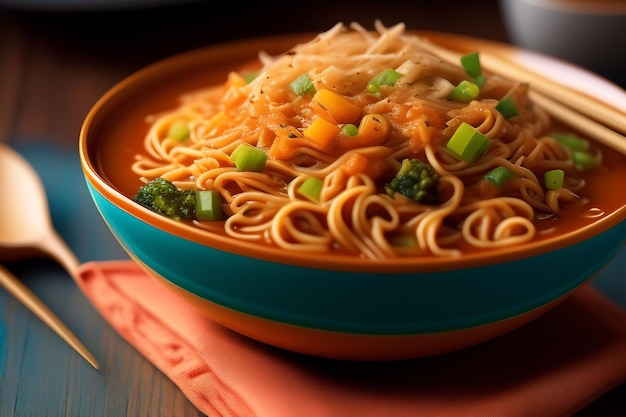 Free photo a bowl of noodles with a green onion on top.