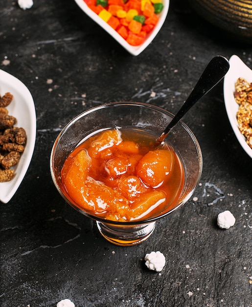 Bowl of peach jam, confiture, necktarine isolated