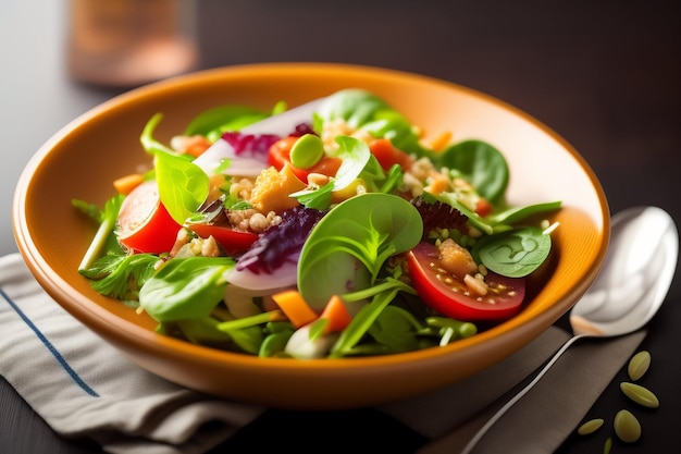 A bowl of salad with a glass of beer on the side