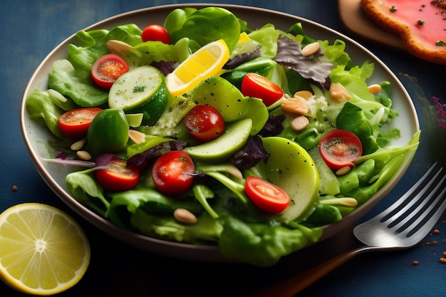 A bowl of salad with a lemon wedge and a lemon wedge on the side.