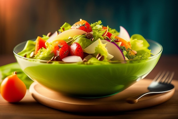 A bowl of salad with a spoon on a table