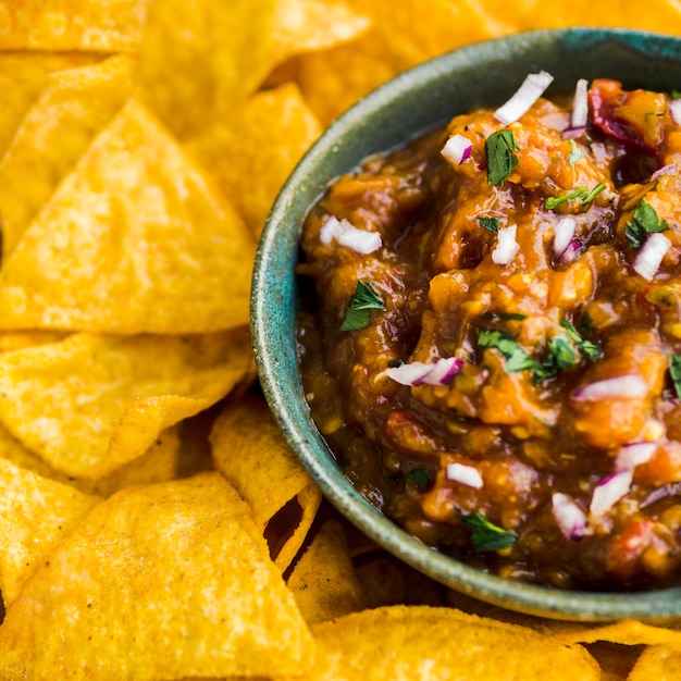 Free Photo bowl of salsa with nacho chips