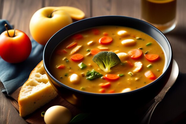 A bowl of soup with a piece of bread next to it