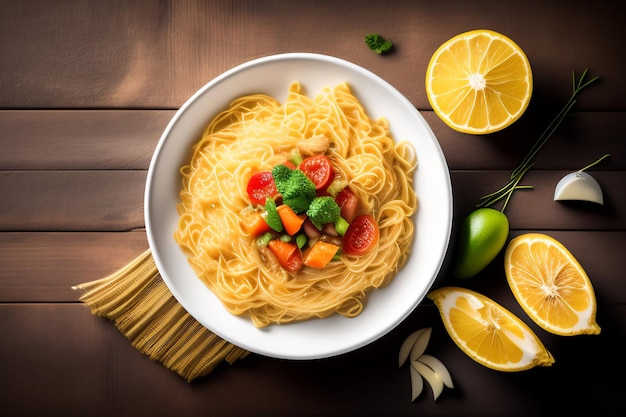 Free photo a bowl of spaghetti with a green leaf on top.