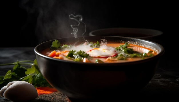 A bowl of thai red curry with a steamy top.