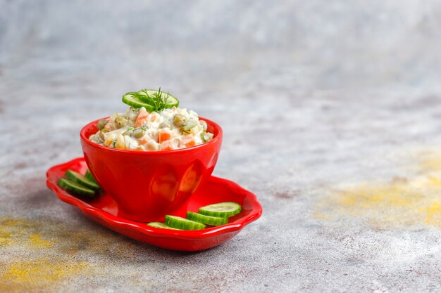 Bowl of traditional russian salad.