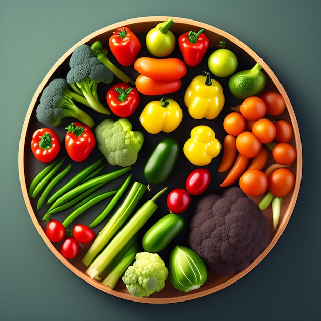 A bowl of vegetables including broccoli, bell peppers, and tomatoes.