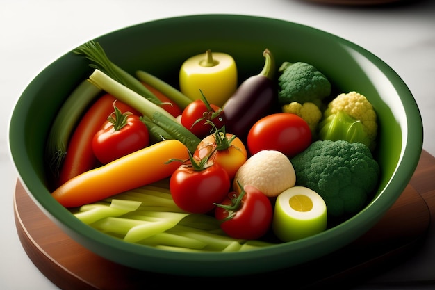 A bowl of vegetables is on a table.