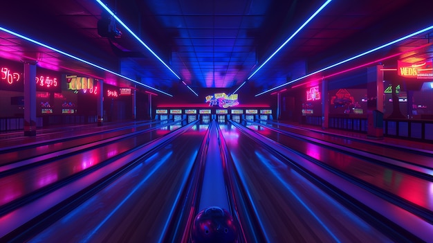 Free photo bowling alley with neon lights