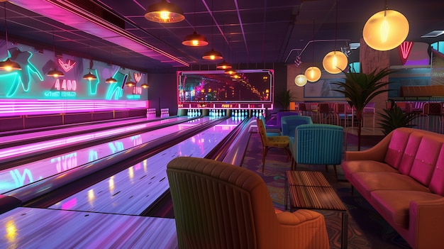 Free photo bowling alley with neon lights