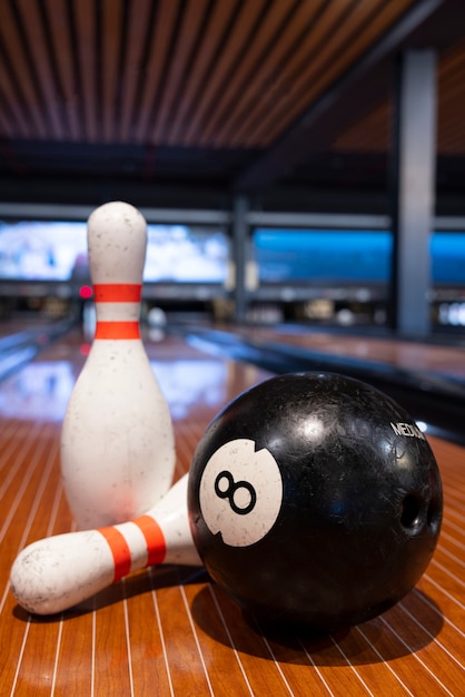 Bowling equipment indoors still life