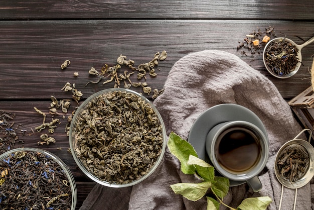 Bowls with natural herbs on desk