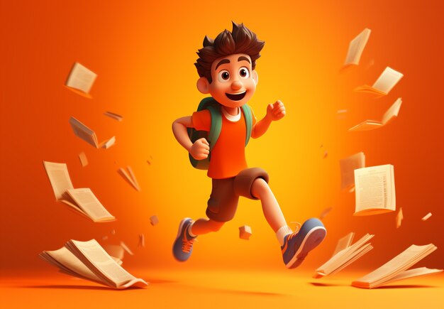 Boy cartoon character running books