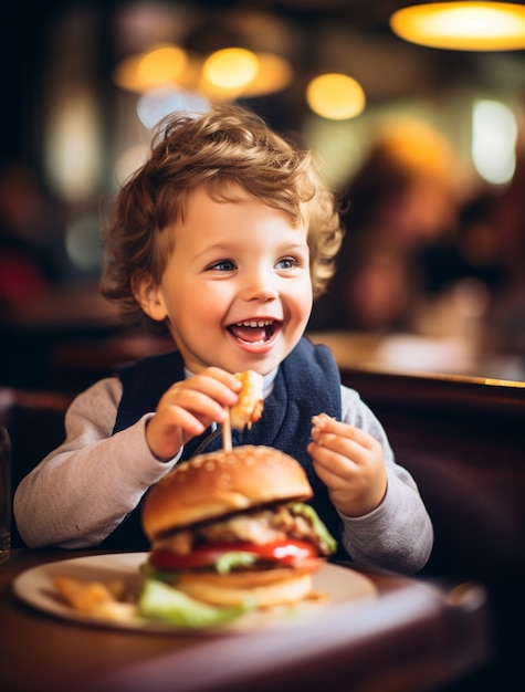 Boy enjoying burger in restaurant