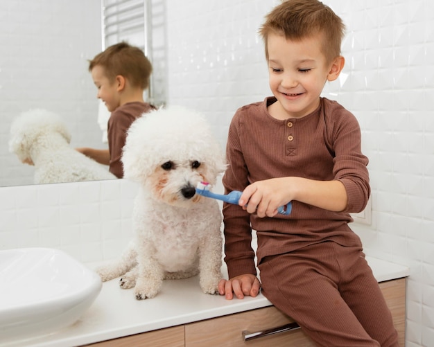 Boy helping his dog to wash his teeth at home